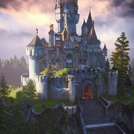 Prompt: a big castle, highly detailed, crystal lighting, mystical, forest, hyperrealistic, 4 k, unreal engine, highly detailed, dramatic lighting, magical, beautiful,