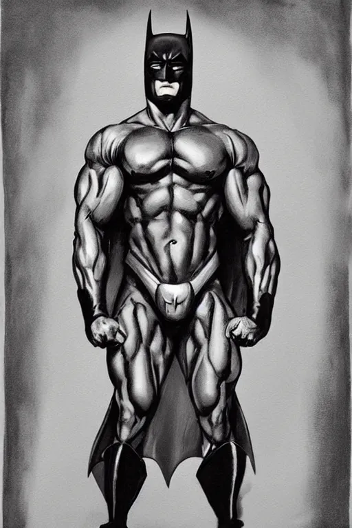 Image similar to A portrait painting of a masculine bodybuilder in the clothing of the Batman