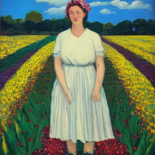 Prompt: woman standing in a flower field, head of flowers