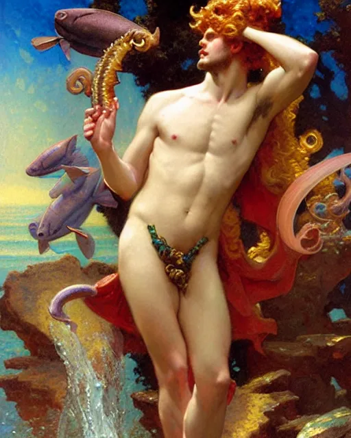 Prompt: attractive god neptune speaking with the aquatic life, painting by gaston bussiere, craig mullins, j. c. leyendecker,