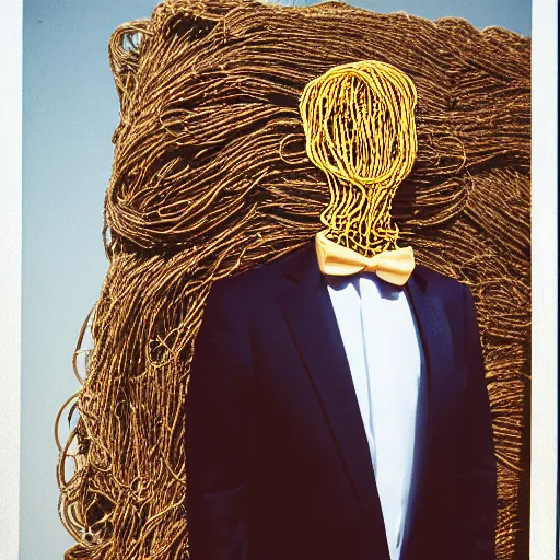 Prompt: sharp portrait of a man in a suit with a face made of spaghetti standing in los angeles with blured zombies on a background, bokeh, detailed, film photography, kodak portra 4 0 0, mamiya,