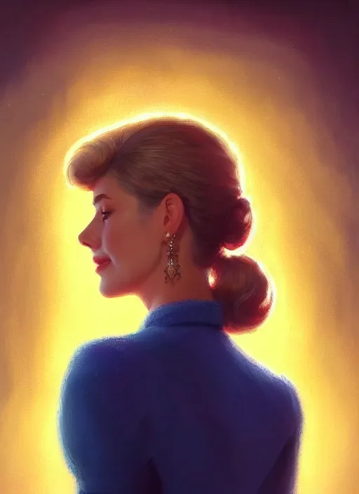 Image similar to portrait of betty cooper with fluffy bangs, bangs, 1 9 6 0 s, ponytail, curly bangs and ponytail, rounder face, intricate, elegant, glowing lights, highly detailed, digital painting, artstation, concept art, smooth, sharp focus, illustration, art by wlop, mars ravelo and greg rutkowski