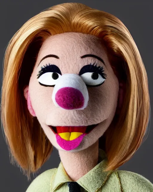 Image similar to skyler white as a muppet. highly detailed felt. hyper real photo. 4 k.