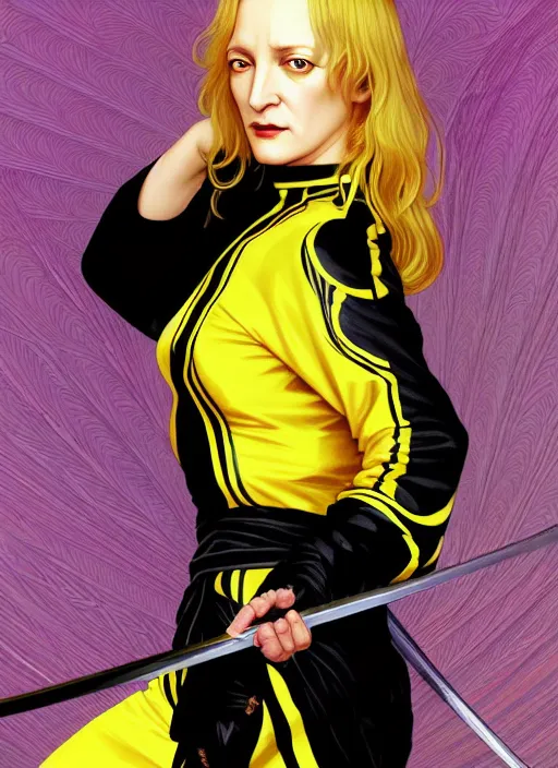 Image similar to uma thurman in kill bill, rococo and art nouveau fusion, swinging reflective katana, yellow jumpsuit with black stripe, highly detailed, deep focus, elegant, digital painting, smooth, sharp focus, illustration, ultra realistic, japanese art by artgerm and alphonse mucha