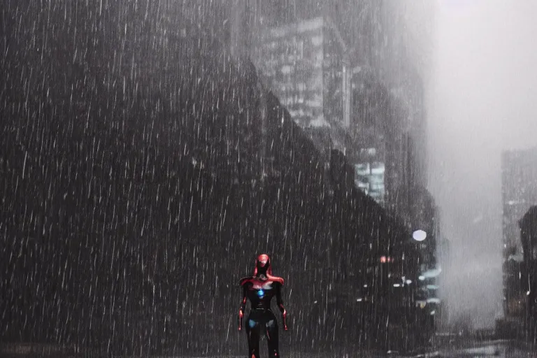 Image similar to vfx marvel sci-fi woman black super hero robot photo real full body action pose, flying over city street cinematic lighting, rain and fog by Emmanuel Lubezki