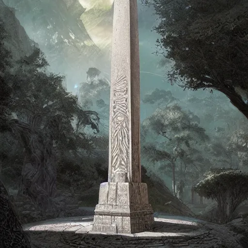 Prompt: stone obelisk, roots and plants growing on the obelisk, intricate detailed glowing engravings, D&D, Magic The Gathering, by Craig Mullins, ornate, ancient forest, volumetric lighting