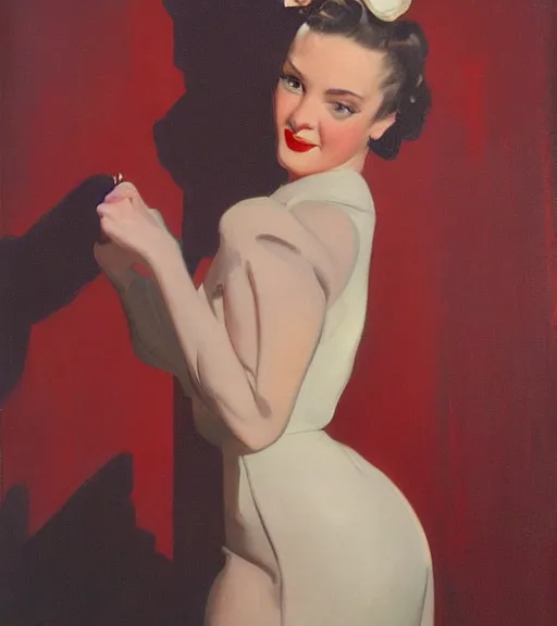 Image similar to j. c. leyendecker portrait painting of an 1 9 5 0's pinup woman, direct flash photography at night, film grain