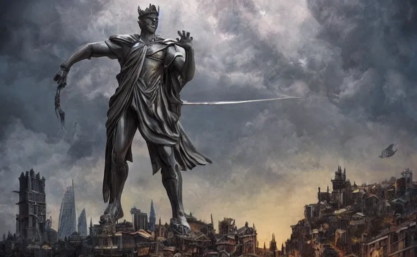 Image similar to A large statue of a wizard guarding a city, landscape art, concept art, intense, fantasy, inspiring, colossus of rhodes