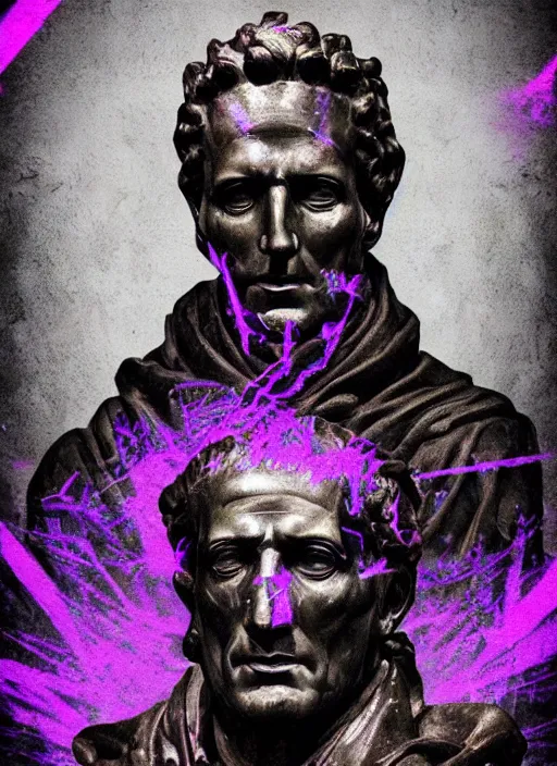 Prompt: elegant dark design poster showing a statue of the roman emperor julius caesar with a skull, black background with very subtle red and purple design elements, bold, powerful, nekro, vito acconci, thin straight purple lines, dark, glitch art, neo vaporwave, gritty, layout frame, square, trending on artstation
