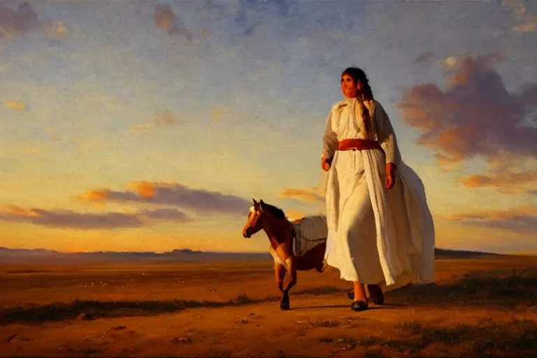 Prompt: Woman in a long white traditional dress walking with a horse along a scenic western trail, sunset, beautifully lit, albert aublet, oil on canvas