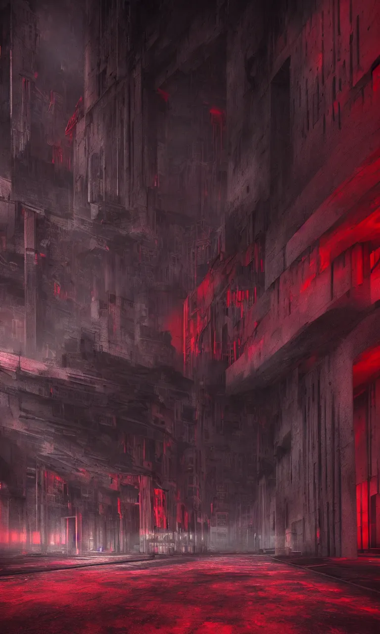 Prompt: Matte painting of dark brutalist cathedral with red neon lights, abandoned streets, cityscape, dark sky,