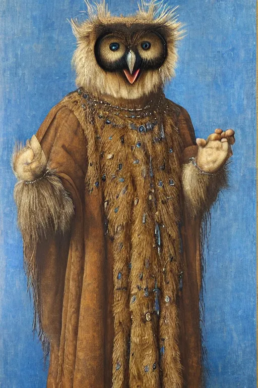 Prompt: portrait of humanoid iridescent blue owlbear wearing a loose tunic. an anthropomorphic owlbear. fantasy, oil painting by jan van eyck, northern renaissance art, oil on canvas, wet - on - wet technique, realistic, expressive emotions, intricate textures, illusionistic detail