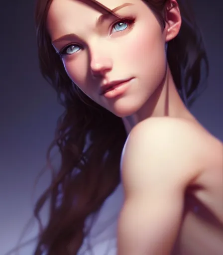 Image similar to beautiful portrait of an insanely gorgeous woman with blue eyes, brown hair and a perfect body, character design by charlie bowater, ross tran, artgerm, and makoto shinkai, detailed, soft lighting, rendered in octane