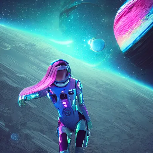 Prompt: a far away beautiful feminine woman in a futuristic spacesuit flying through space with galaxies in the back, epic lighting, digital art, vector art, artwork by beeple and lisa frank, fantasy, intricate, highly detailed, artstation, octane render