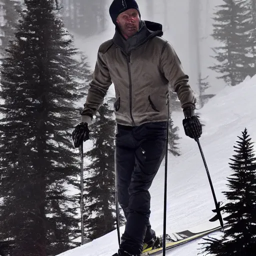 Prompt: jason statham skiing, dust, full body shot, finely detailed