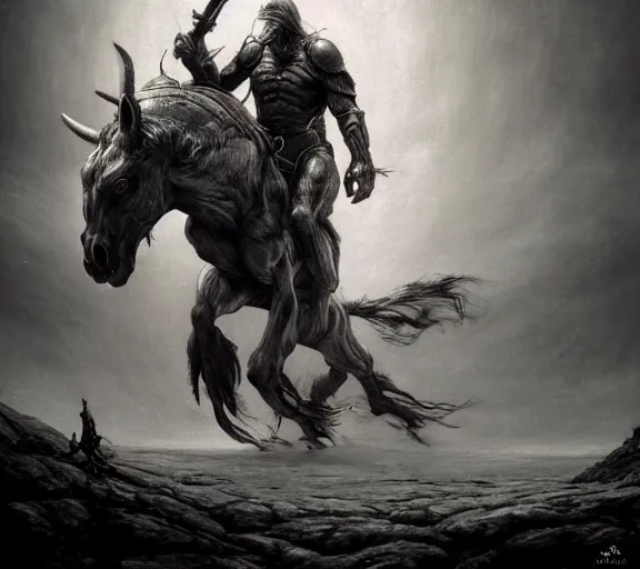 Prompt: centaur concept, bottom of the horse, upper torso of an armored warrior, beksinski, wayne barlowe, adrian smith fantasy art, the hobbit art, lord of the ring art, the witcher concept art, trending on artstation, game of throne art