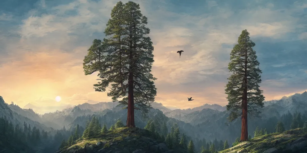 Prompt: a lonely giant sequoia in the center of a in immense valley at sunset with soft clouds and birds flying, intricate, highly detailed, soft illumination, digital painting, artstation, concept art, smooth, sharp focus, illustration, cinematic, vfx, 4 k