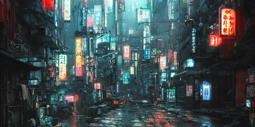 Image similar to Cyberpunk back alley on a rainy day in Japan, low angle view, detailed matte painting, cinematic, Helio Frazao, Artstation