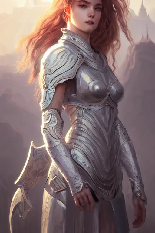 Image similar to portrait young knights of Zodiac girl, matt white color armor, in ruined Agora of Athens Sunrise, ssci-fi and fantasy, intricate and very beautiful and elegant, highly detailed, digital painting, artstation, concept art, smooth and sharp focus, illustration, art by tian zi and WLOP and alphonse mucha