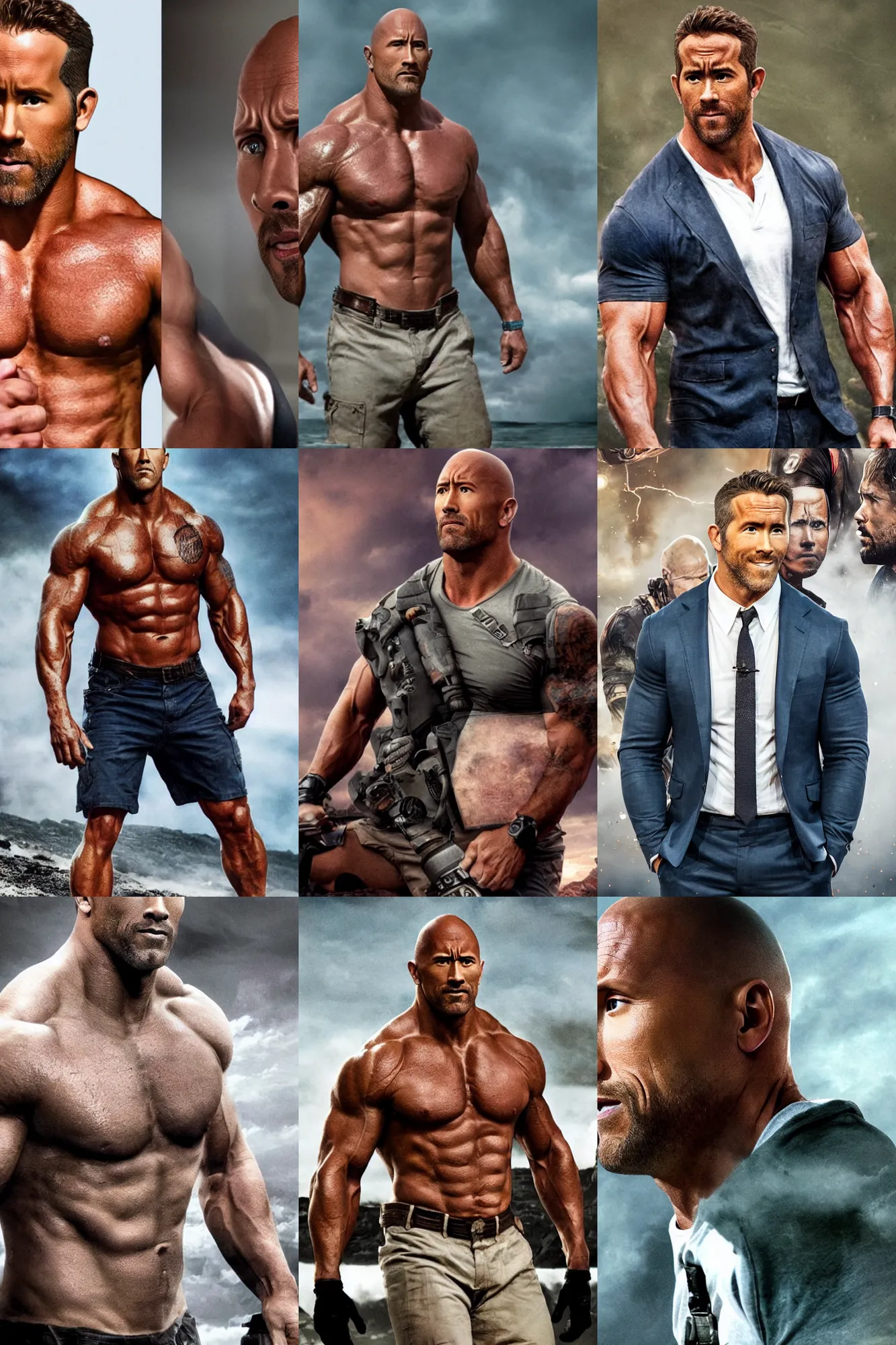 Prompt: realistic photograph of ryan reynolds as dwayne johnson, cinematic, highly detailed,