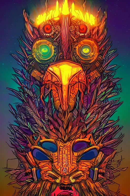 Image similar to totem animal tribal chaman vodoo mask feather gemstone plant wood rock video game illustration vivid color borderlands by josan gonzales and dan mumford radiating a glowing aura