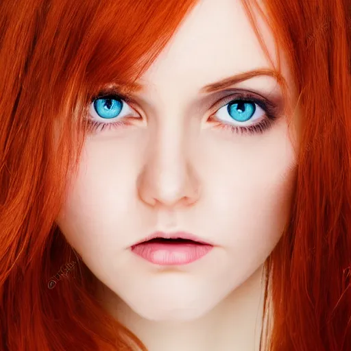 Image similar to professional photograph, freakles, extreme closeup of gorgeous young woman, top down, redhead, large eyes, teasing and alluring expression, alluring eyes, staring at viewer