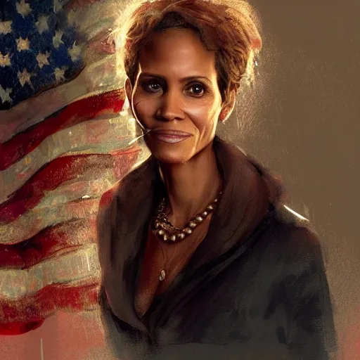 Image similar to portrait of maci holloway, first woman elected as president in usa, cold but beautiful, about 3 5 years old, highly detailed, mix of halle berry and julia roberts, artstation hd, deviantart, by artgem, greg rutkowski