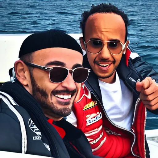 Prompt: character torrente and lewis hamilton on a boat