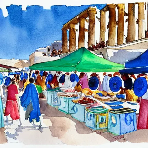 Prompt: a watercolor illustration of a festival in a marketplace on an ancient Greek Island, white and blue buildings, colorful robes, deep ink, fruit vendors, musicians