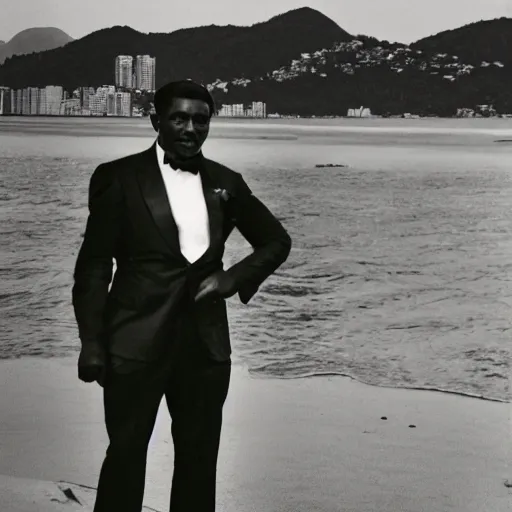 Image similar to vintage photo of a black man wearing a black suit in rio de janeiro