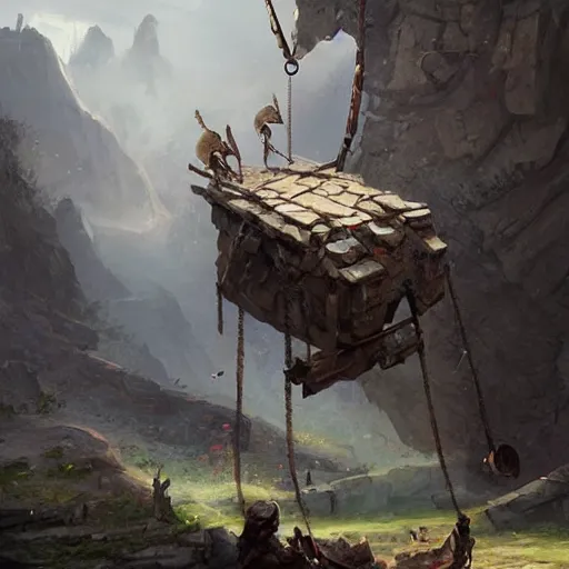 Image similar to a sling catapult, rocks flying, cart wheels, epic fantasy style art by greg rutkowski, fantasy epic digital art