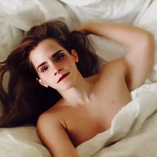 Image similar to emma watson in bed, comfy, with a little white blanket, bare shoulders, freckles, no makeup, no filter, natural skin, messy hair, sleepy, smiling sheepishly