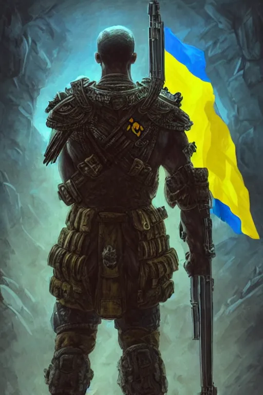 Image similar to a distant shot from behind of a Ukrainian super soldier with blue and yellow flag behind him standing alone on a huge pile of skulls as a winner, masculine muscular figure, D&D, fantasy, intricate, elegant, highly detailed, extremely detailed, digital painting, artstation, concept art, matte, sharp focus, symmetrical, illustration, art by Artgerm and Greg Rutkowski and Alphonse Mucha