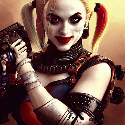 Image similar to a portrait of Harley Quinn in bikini armor, Warhammer 40000, cyberpunk, intricate, elegant, highly detailed, digital painting, trending on artstation, concept art, smooth, sharp focus, illustration, art by Ruan Jia and Mandy Jurgens and Artgerm and william-adolphe bouguereau and greg rutkowski and alphonse mucha