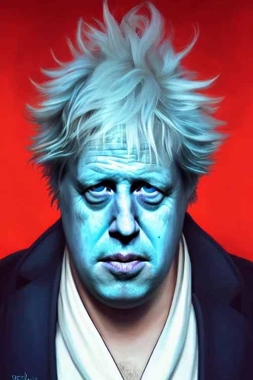 Prompt: Boris Johnson as Rick Sanchez, one single eyebrow, white robe, big eyes, portrait, symmetrical, highly detailed, digital painting, artstation, concept art, smooth, sharp focus, illustration, cinematic lighting, art by artgerm and greg rutkowski and alphonse mucha