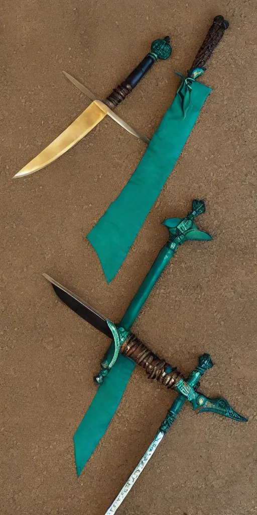 Image similar to photograph of a wide green and teal crystal double - edged sword blade attached to a big gold sword hilt