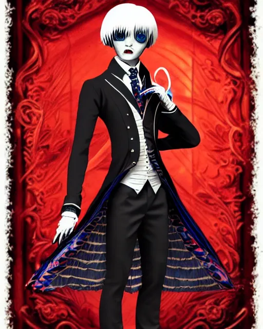 Image similar to tokyo ghoul monster ken kaneki character wearing a beautiful 1 8 th century suit with a tie, rococo style, ed emshwiller style, highly detailed, very realistic, painterly style