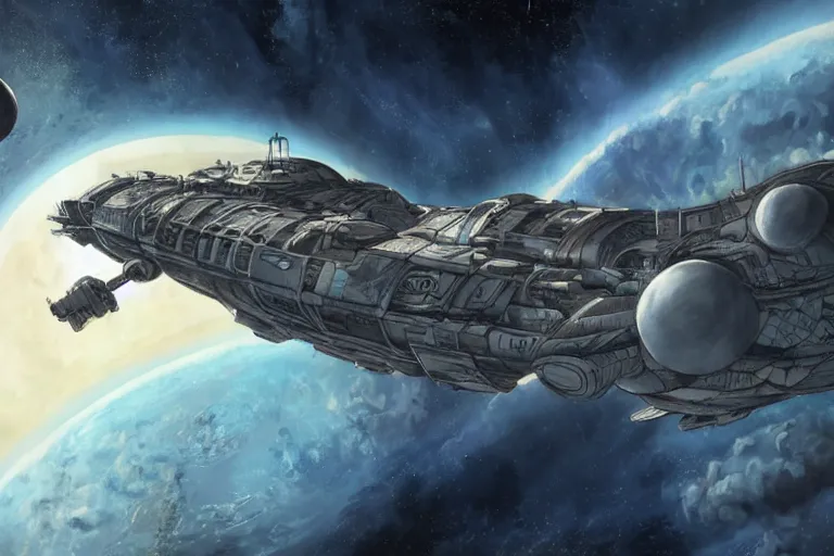 Prompt: a vast ancient derelict starship adrift in space, art by Michael Okuda, award-winning masterpiece, trending on ArtStation