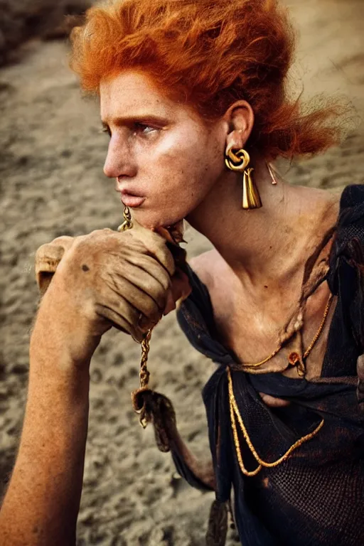 Prompt: Beautiful 19th Century Barbary Coast pirate female models with Ginger hair and Golden hooped earrings photography by Steve McCurry