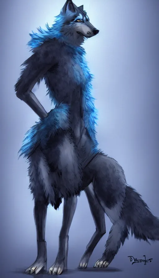 Image similar to dieselpunk furry blue wolf with fuzzy tail, concept art, dramatic, fantasy, pixiv