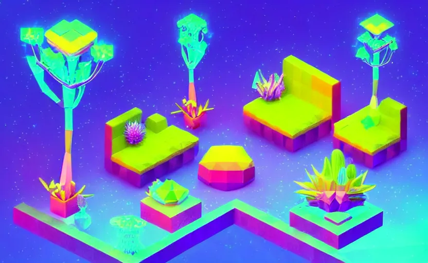 Image similar to isometric low poly isometric crystal plant sofa with alien aesthetic inspired by pandora in the avatar movie, it has bioluminescent plants growing on top of it, beautiful neon orange - yellow with blue hints and it's bedecked with some sparkling crystals all over the place. black background, night isometric artstation neon. behance, pinterest