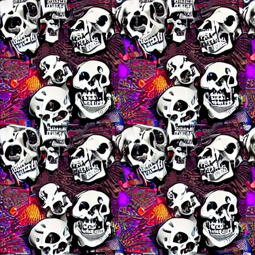 Prompt: skulls dancing along with a bunch of bones, world melting, 8 0 s science fiction, insanity, transparent background