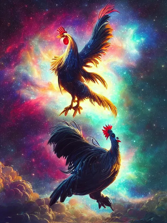 Image similar to a giant rooster, being abducted by a ufo, galaxy cosmic nebula, epic, volumetric light, hyperrealistic, glitter, mega detailed, beautiful composition, beautiful lighting, unreal render, 4 k, vincent di fate, john berkey, michael whelan