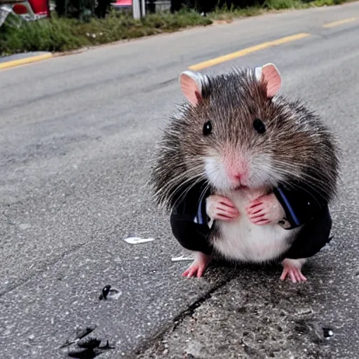 Image similar to soaking wet homeless hamster begging for money on the side of the road, tattered clothing, sitting on a tattered blanket