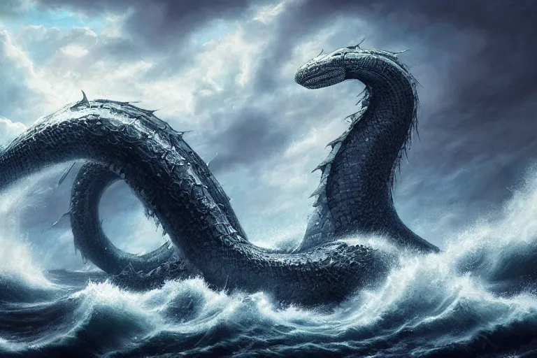 Image similar to immense powerful serpentine sea monsters battling among crashing waves, highly detailed fantasy art, dramatic lighting, stormy weather, great quality,