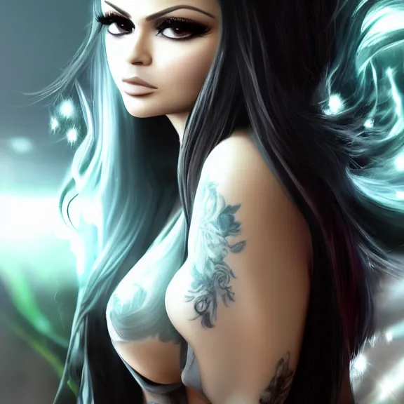 Image similar to portait of haifa wehbe, long hair centred, hd, very detailed curve, unreal engine, final fantasy style, fairy tail background