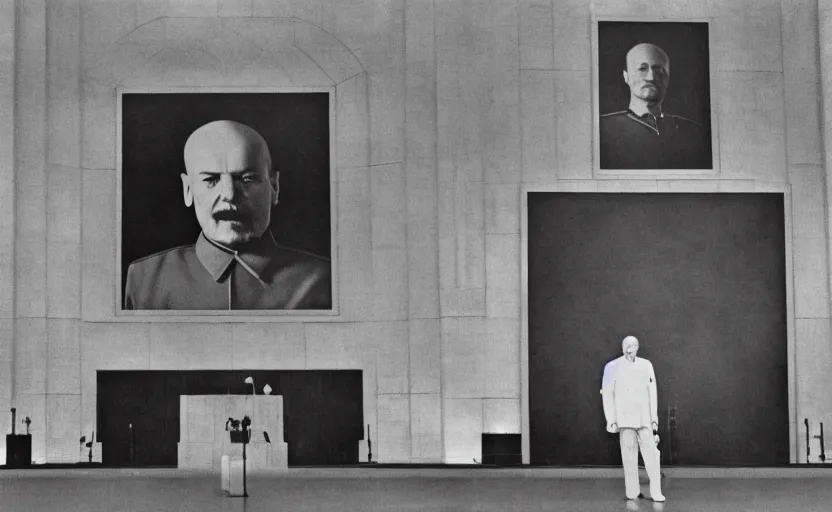 Image similar to 60s movie still of a stalinist style parlement with a giant portrait of Vladimir Lenin, by Irving Penn , cinestill 800t 35mm eastmancolor, heavy grainy picture, very detailed, high quality, 4k, HD criterion, precise texture