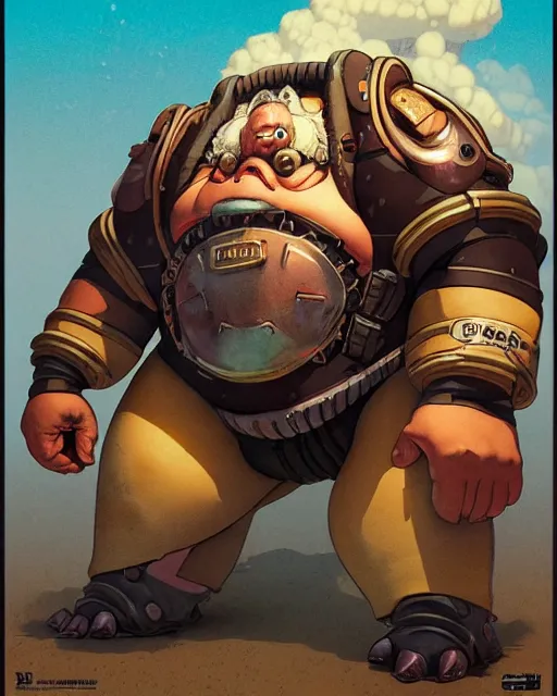 Image similar to roadhog from overwatch, character portrait, portrait, close up, concept art, intricate details, highly detailed, vintage sci - fi poster, retro future, in the style of chris foss, rodger dean, moebius, michael whelan, and gustave dore