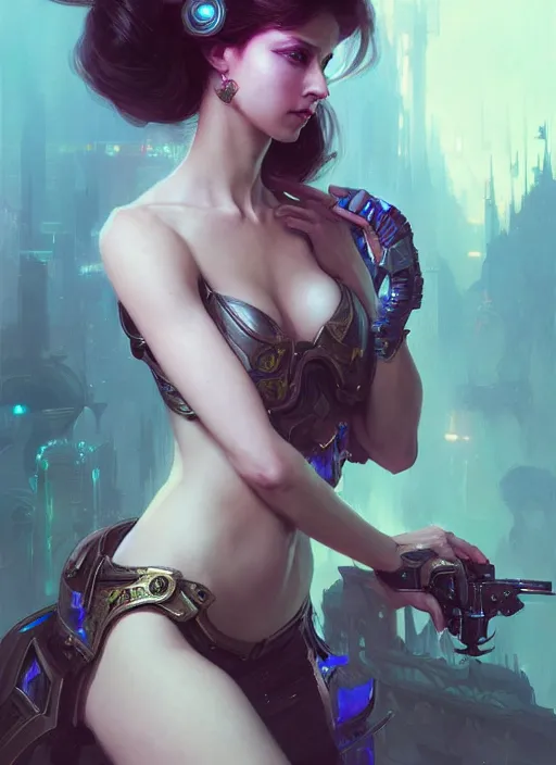 Image similar to beautiful princess with cyberpunk implants, deep focus, d & d, fantasy, intricate, elegant, highly detailed, digital painting, artstation, concept art, smooth, sharp focus, illustration, hearthstone, art by ruan jia and greg rutkowski and alphonse mucha