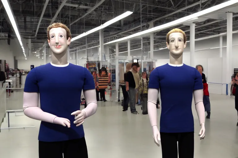 Image similar to mark Zuckerberg mannequin pretending to be human